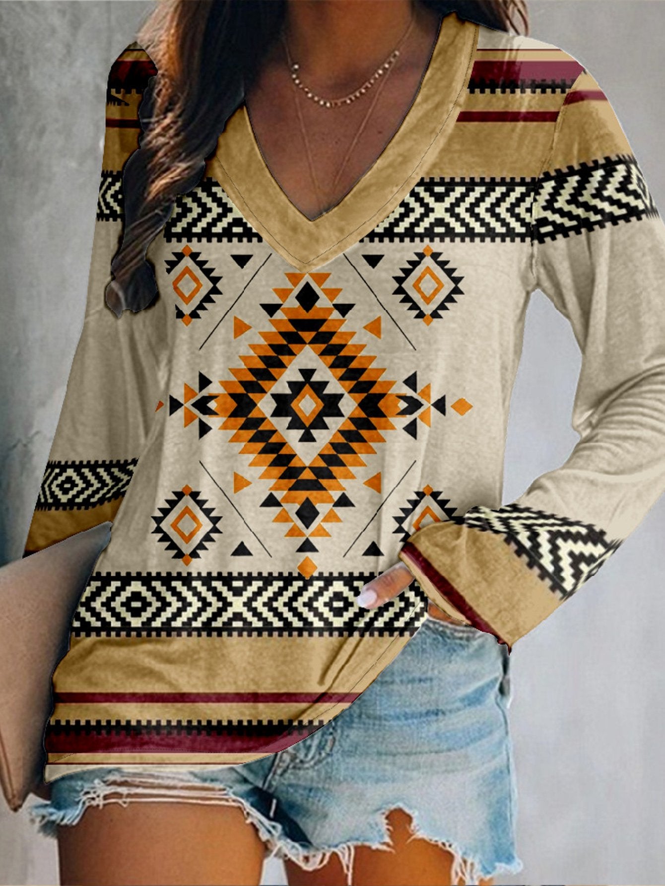 Vintage Long Sleeve V Neck Ethnic Geometry Loose Regular T-Shirt