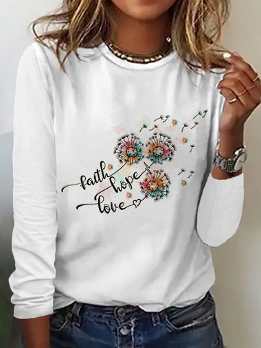 Loose Long Sleeve Crew Neck Text Letters Casual Regular T-Shirt