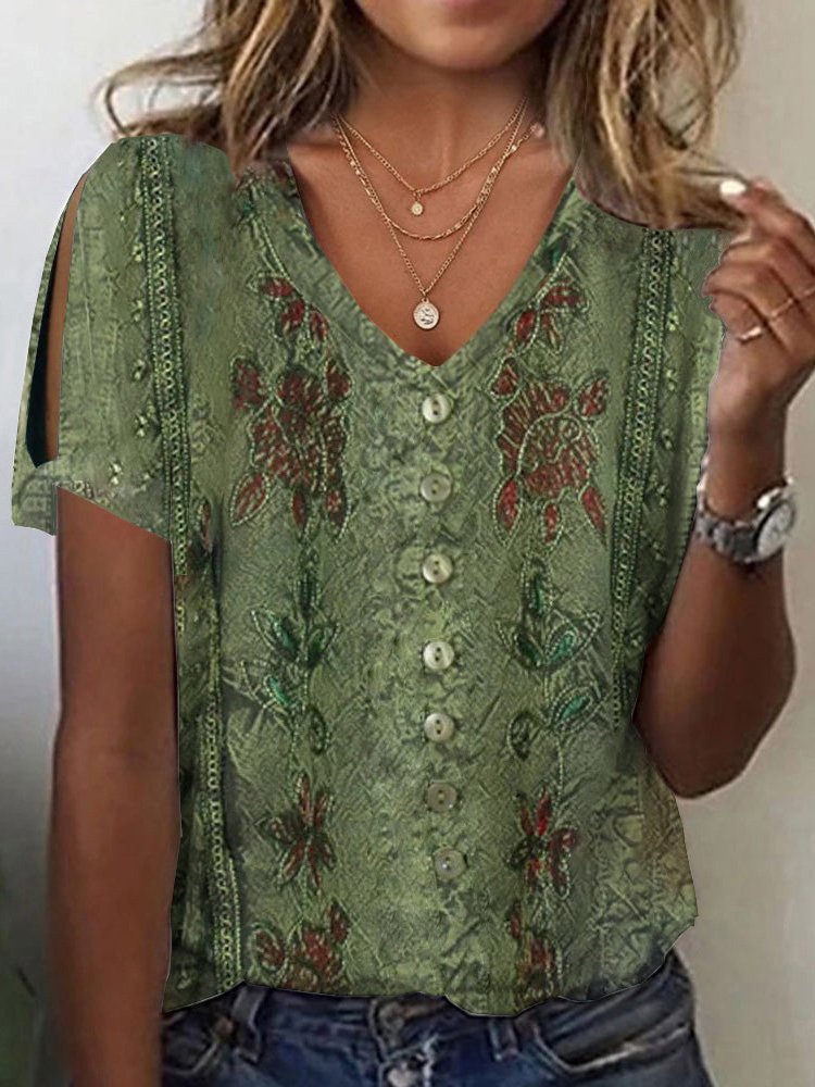 Casual Short Sleeve V Neck Floral Loose Regular Blouse