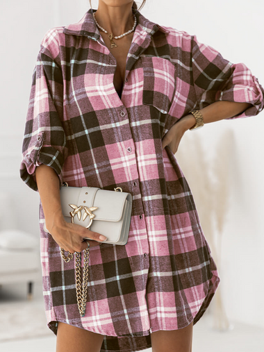 Casual Long Sleeve Shirt Collar Plaid Loose Mini Dress