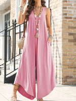 Sleeveless Crew Neck Plain Casual Long Jumpsuit