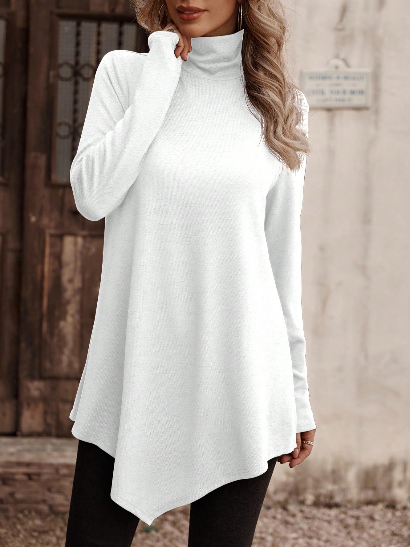 Casual Long Sleeve Turtleneck Plain Asymmetric Loose Regular T-Shirt