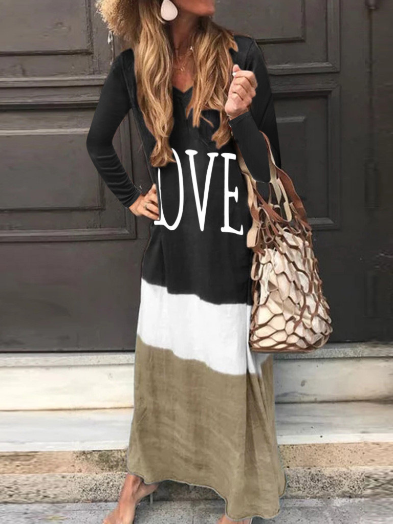 Casual Long Sleeve Crew Neck Color Block Maxi Dress