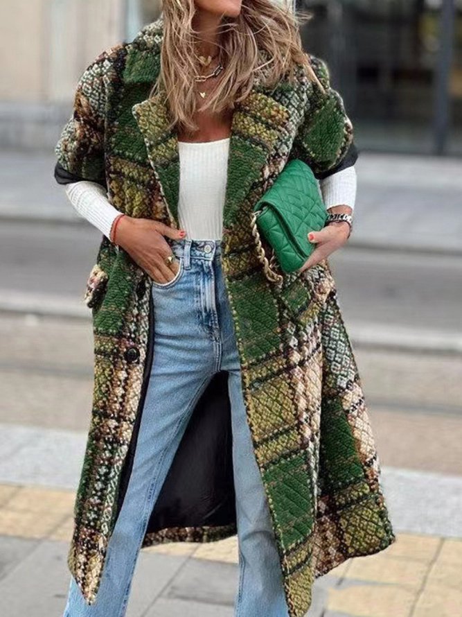 Loose Shawl Collar Long Sleeve Plaid Casual Mid-Long Jacket