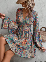 Casual Long Sleeve V Neck Ethnic Loose Midi Dress