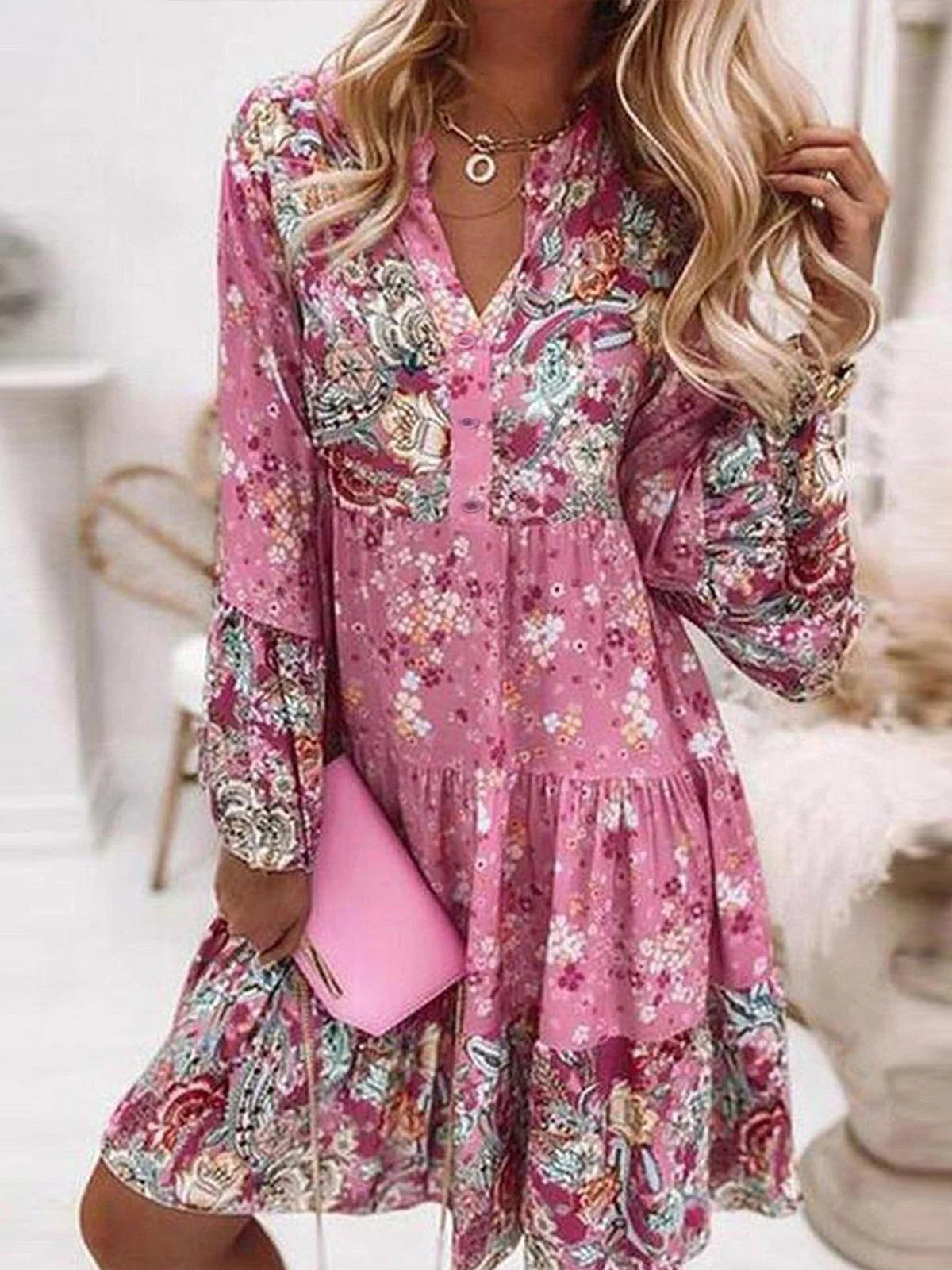 Casual Long Sleeve V Neck Floral Loose Short Dress