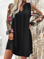 Casual Long Sleeve V Neck Floral Loose Short Dress