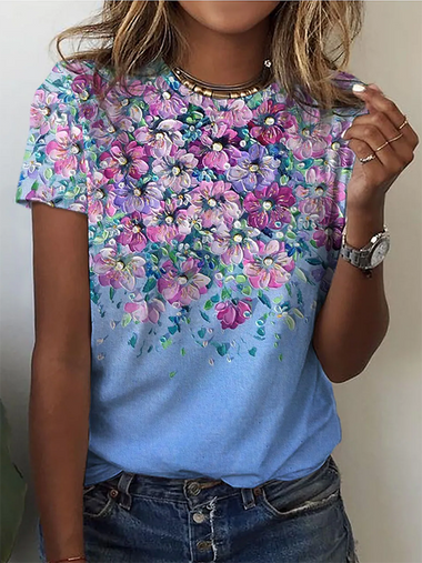 Casual Short Sleeve Crew Neck Floral Loose Regular T-Shirt