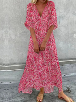 Casual Half Sleeve V Neck Floral Loose Maxi Dress