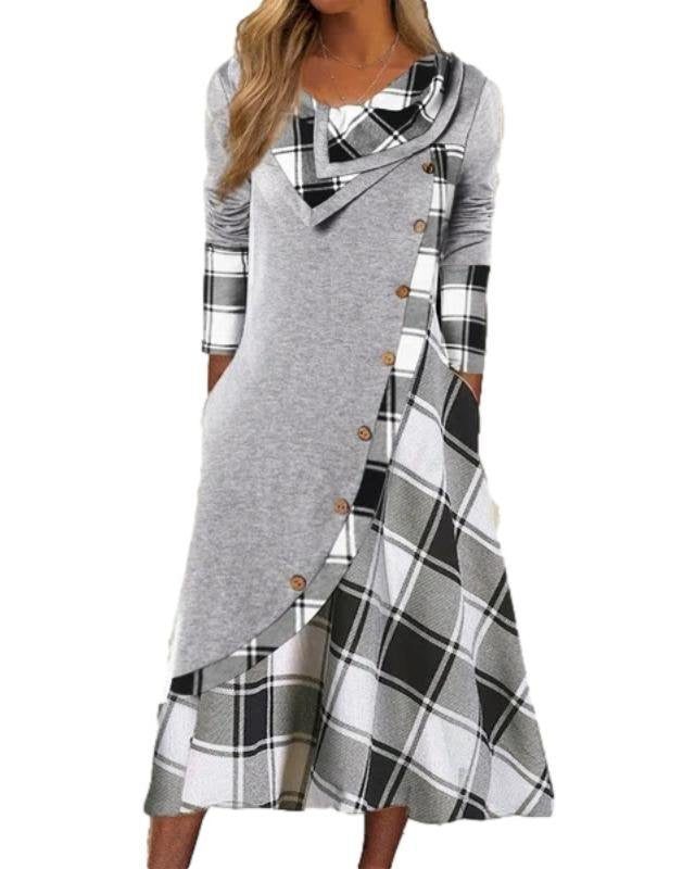 Casual Long Sleeve Plaid Loose Midi Dress