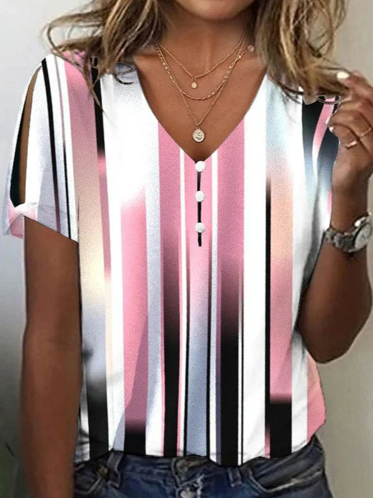 Loose Short Sleeve V Neck Abstract Graphic Casual Regular Blouse