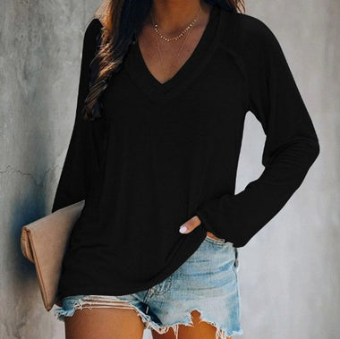 Casual Long Sleeve V Neck Plain Zipper Loose Mid-Long Blouse