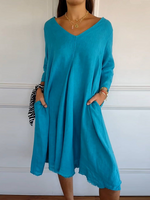 Casual Three Quarter Sleeve V Neck Plain Midi Dress