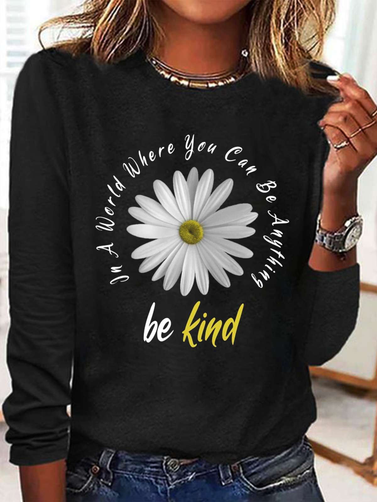 Casual Long Sleeve Crew Neck Text Letters Loose Regular T-Shirt