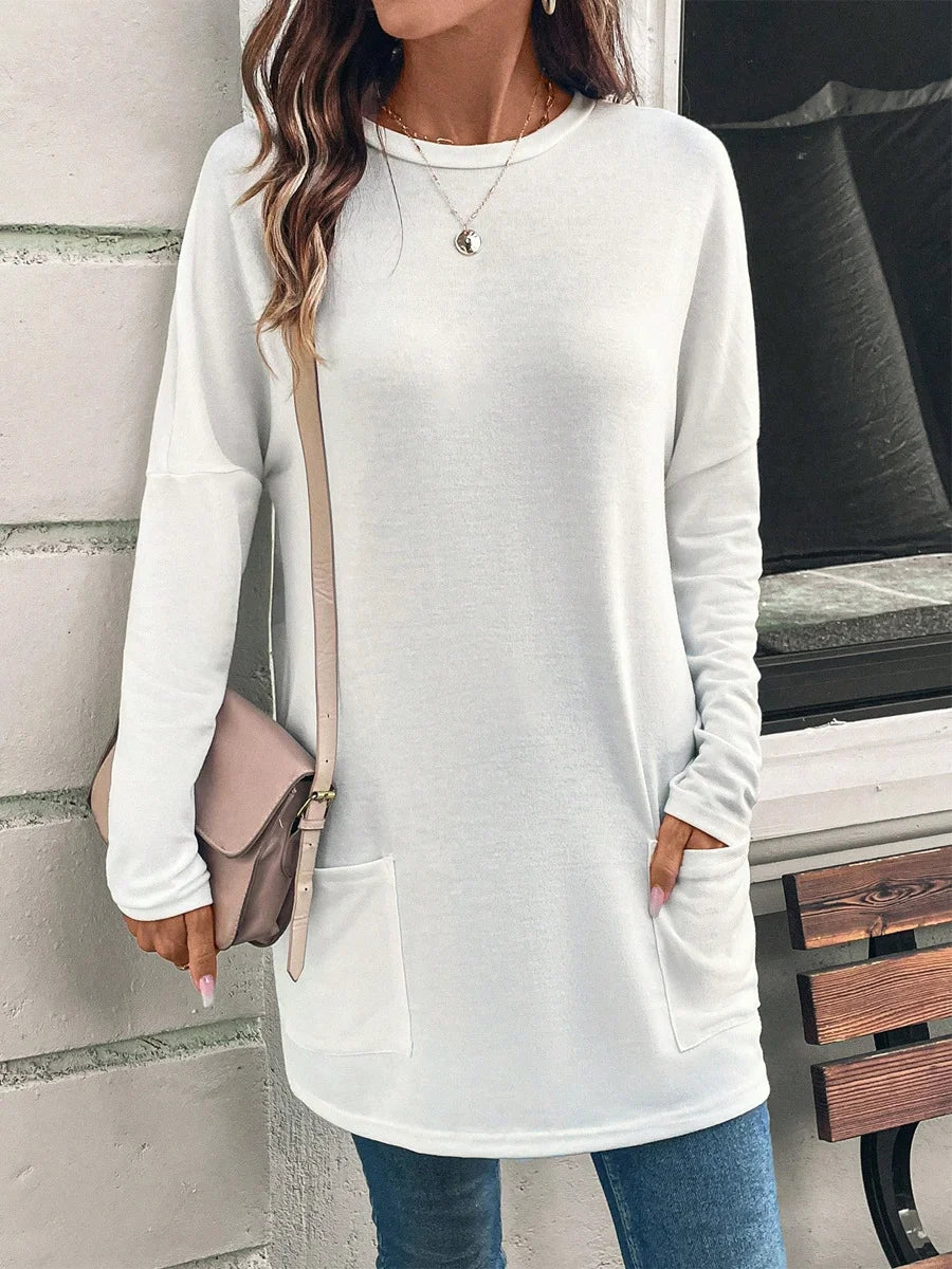 Loose Long Sleeve Crew Neck Plain Casual Mid-Long Blouse