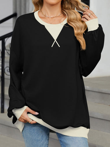 Loose Long Sleeve V Neck Contrast Stitching Casual Mid-Long Sweatshirt