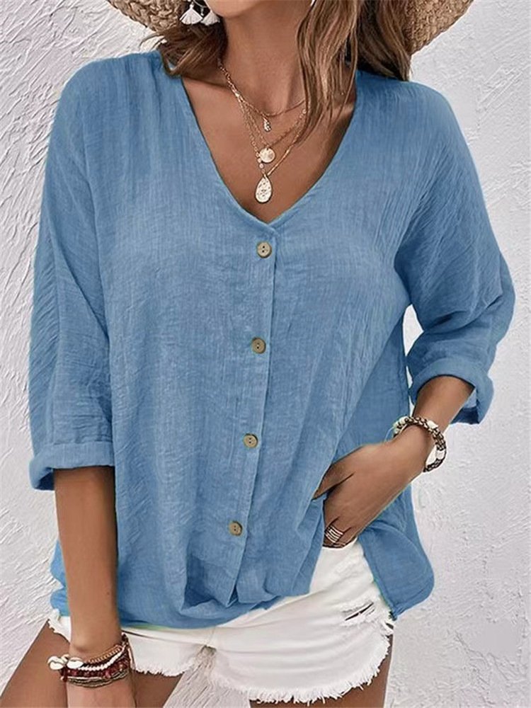 Casual Long Sleeve V Neck Ombre Loose Regular Shirt