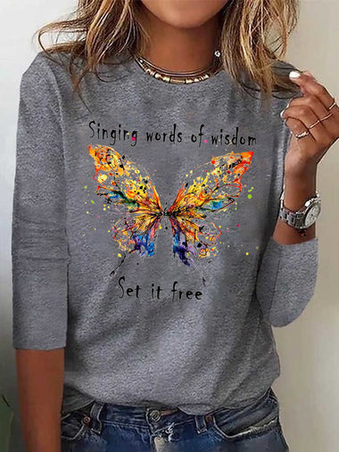 Casual Long Sleeve Crew Neck Butterfly Loose Regular T-Shirt