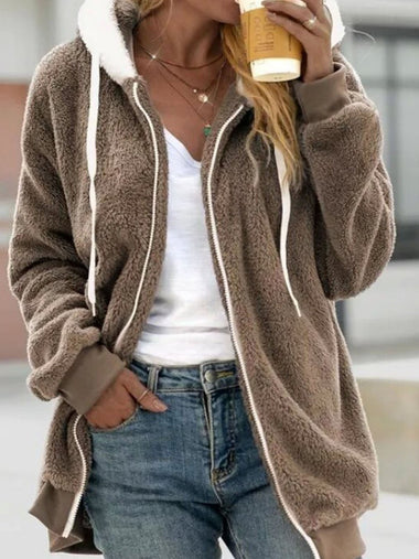 Loose Hoodie Long Sleeve Plain Zipper Casual Regular Coat