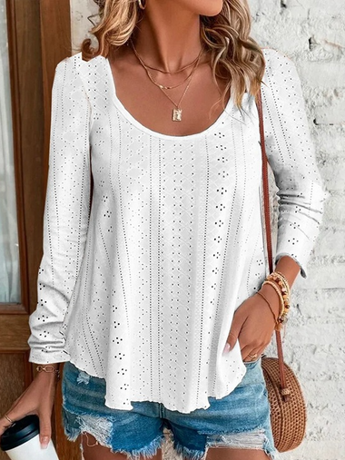 Casual Long Sleeve Crew Neck Plain Loose Regular Blouse