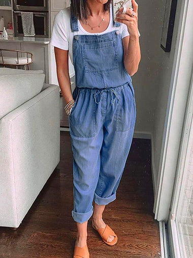 Casual Plain Washing Process Loose Long Denim Bib Pants