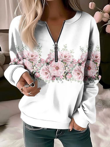 Loose Long Sleeve Crew Neck Floral Zipper Casual Regular Sweatshirt