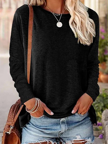 Long Sleeve Crew Neck Plain Simple Regular Blouse