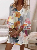 Casual Three Quarter Sleeve V Neck Floral Loose Short Dress