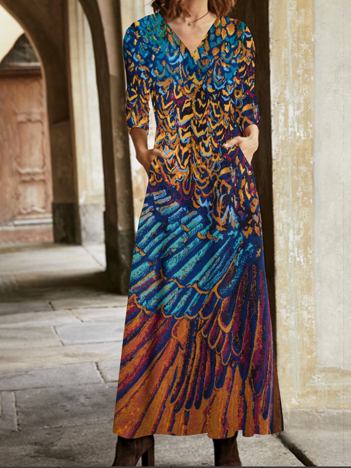 Vintage Long Sleeve V Neck Ethnic Maxi Dress