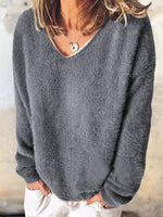 Loose Long Sleeve V Neck Plain Casual Regular Sweatshirt