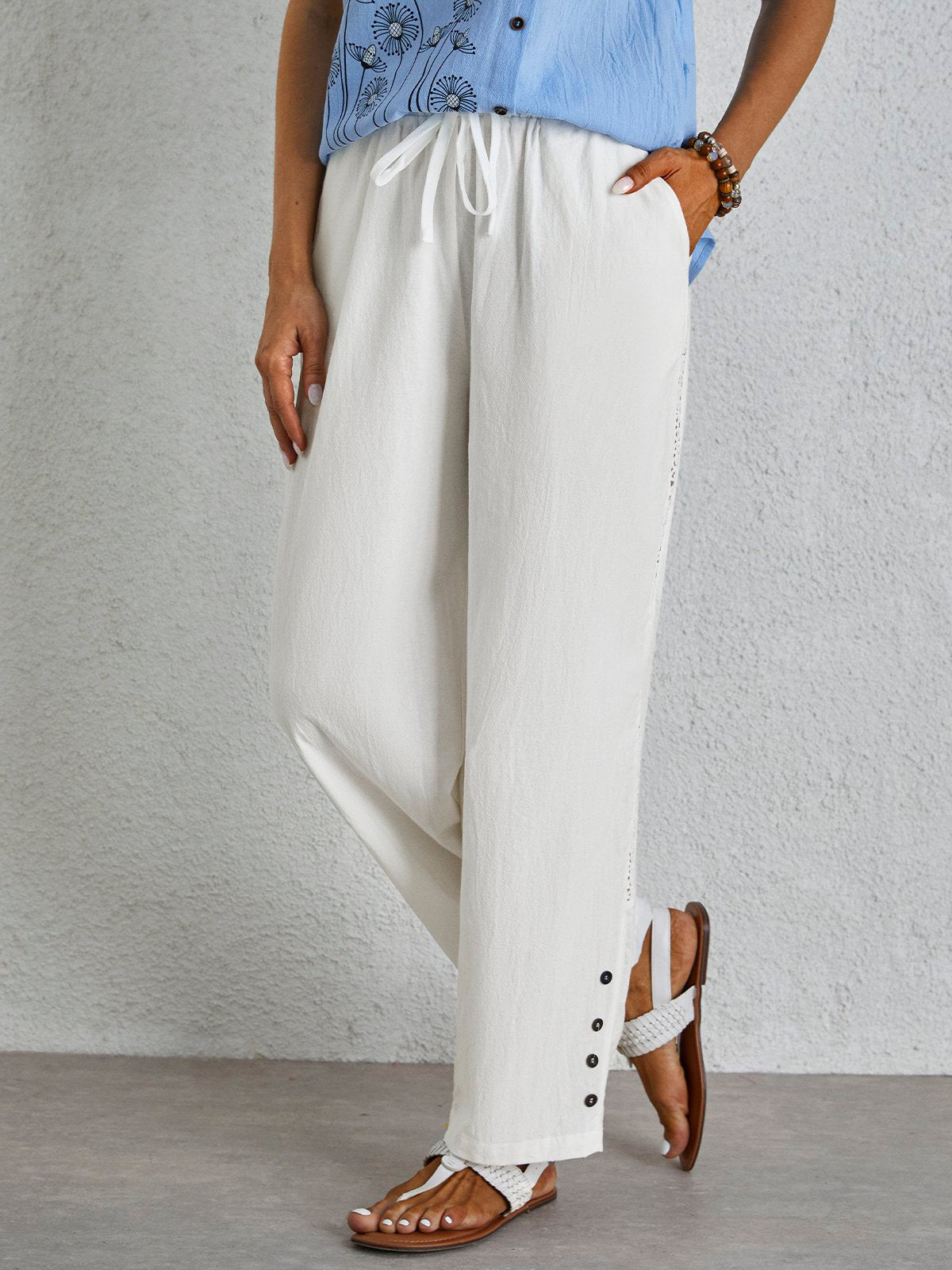 Casual Plain Split Joint Buckle Hollow Out Lace Edge Pocket Stitching Hollow Out Loose Long Pants