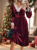 Casual Long Sleeve V Neck Plain Lace Midi Dress