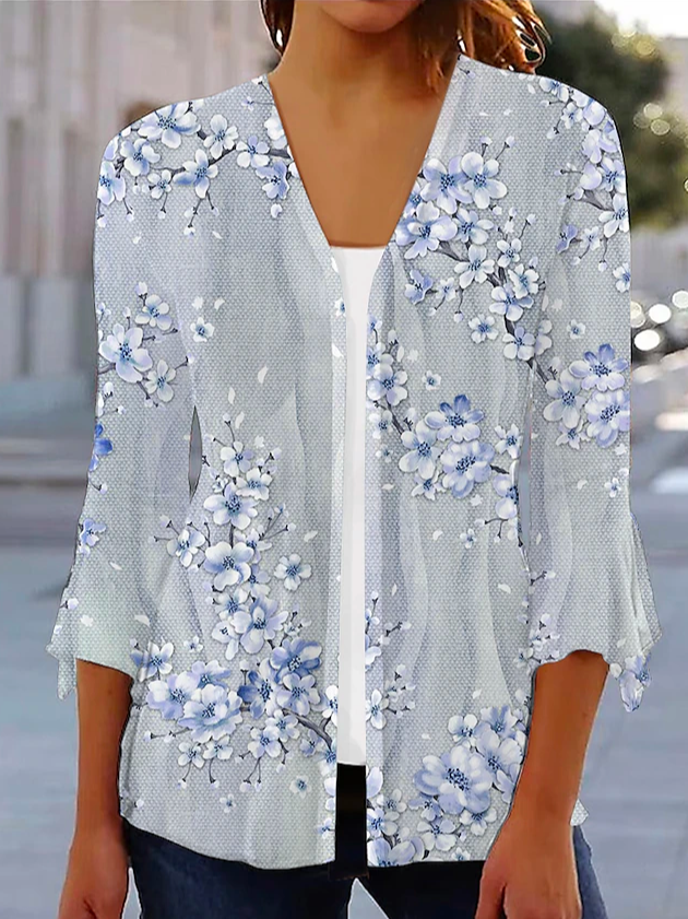 Loose Cross Neck Three Quarter Sleeve Floral Casual Regular Kimono