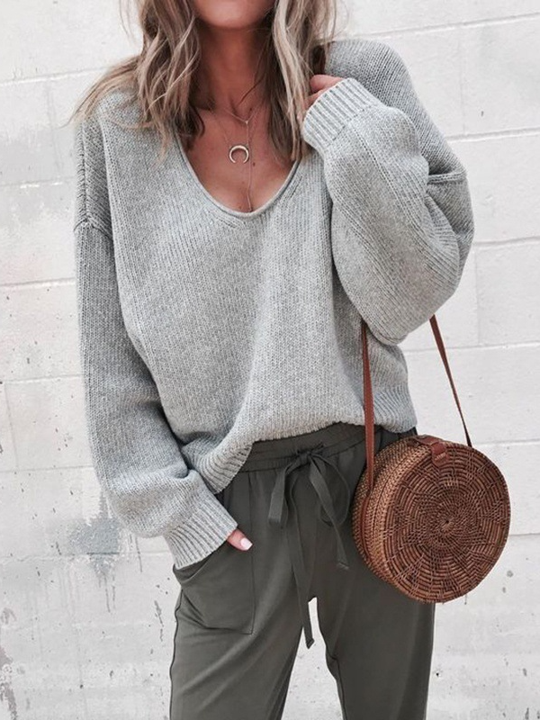 Casual Long Sleeve V Neck Plain Loose Regular Sweater