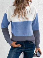 Loose Long Sleeve Crew Neck Color Block Casual Regular Sweater