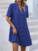 Casual Short Sleeve V Neck Plain Loose Short Dress