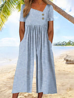 Loose Short Sleeve Asymmetrical Striped Vacation Ankle Jumpsuit