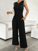 Crew Neck Sleeveless Plain Casual Long Jumpsuit