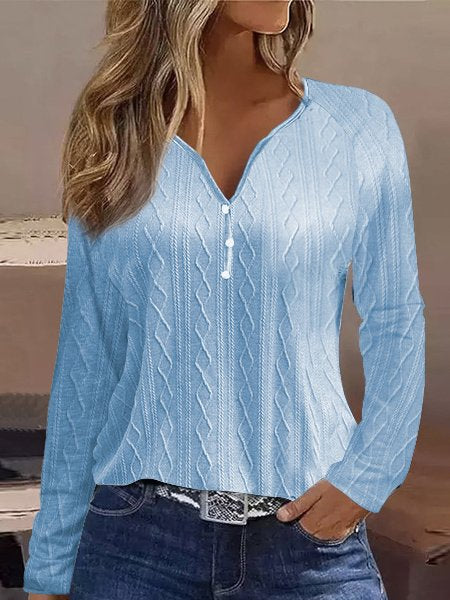 Loose Long Sleeve V Neck Plain Casual Regular T-Shirt