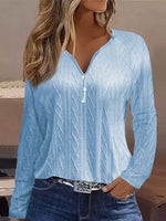 Loose Long Sleeve V Neck Plain Casual Regular T-Shirt