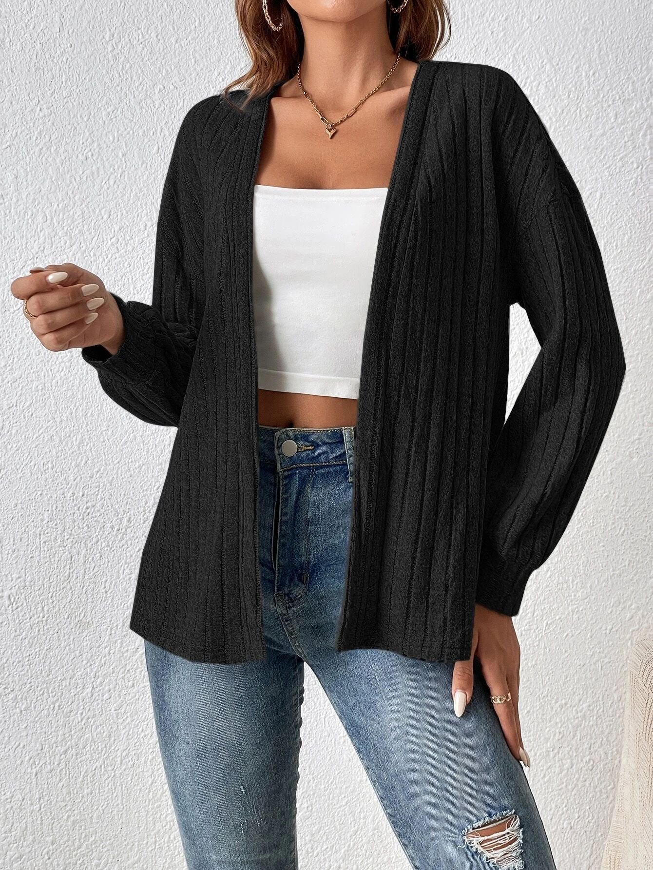 Loose Long Sleeve Plain Zipper Casual Regular Cardigan