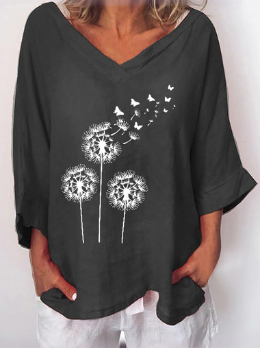 Casual Long Sleeve V Neck Dandelion Loose Regular Blouse