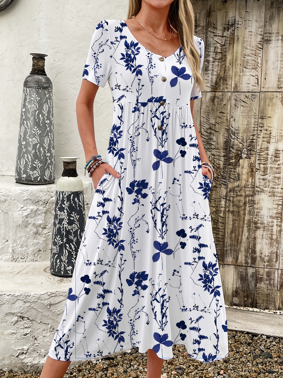 Casual Short Sleeve Crew Neck Floral Loose Maxi Dress