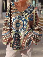 Casual Long Sleeve V Neck Ethnic Floral Christmas Loose Mid-Long Sweatshirt