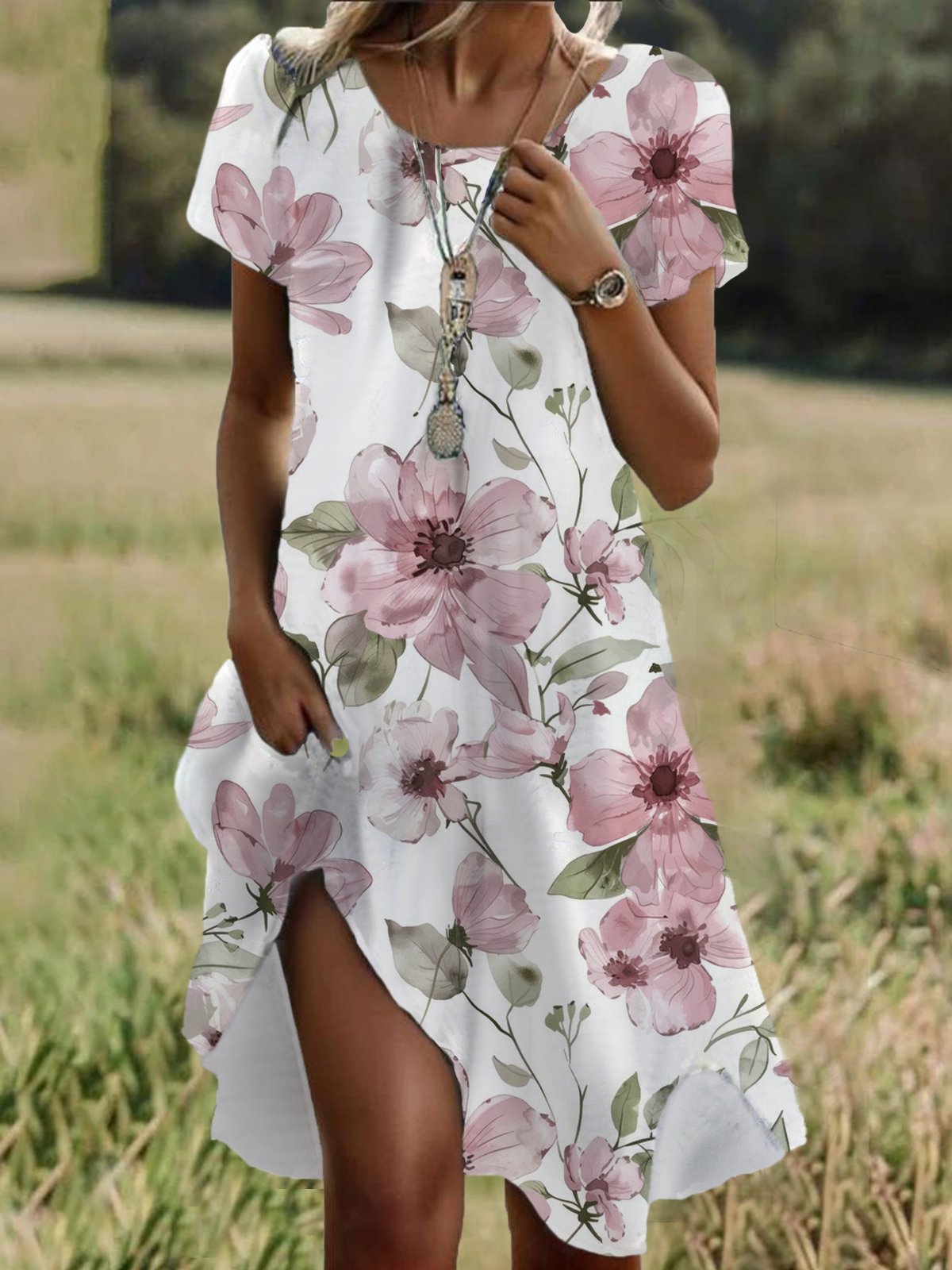 Casual Short Sleeve Crew Neck Floral Loose Short Dress