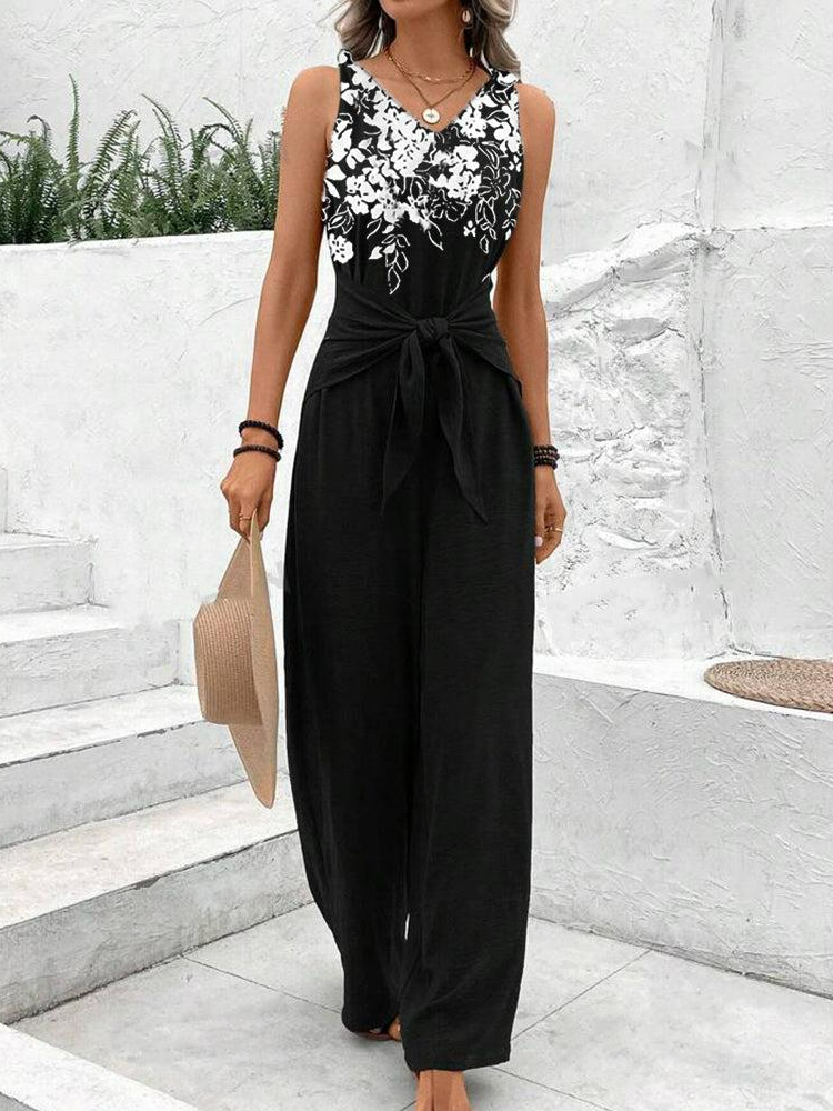 Loose Sleeveless V Neck Floral Casual Long Jumpsuit