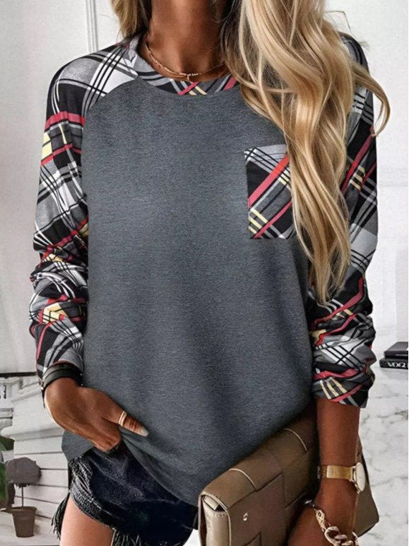 Casual Long Sleeve Crew Neck Plaid Loose Regular Blouse