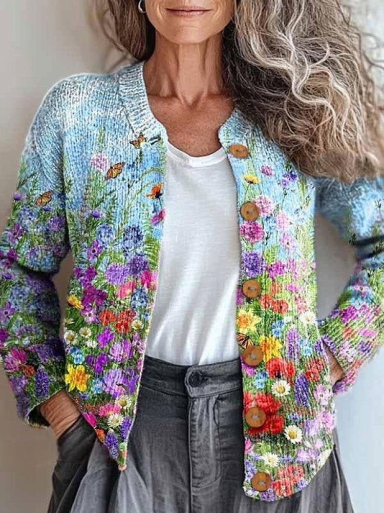 Loose Crew Neck Long Sleeve Paisley Boho Regular Cardigan