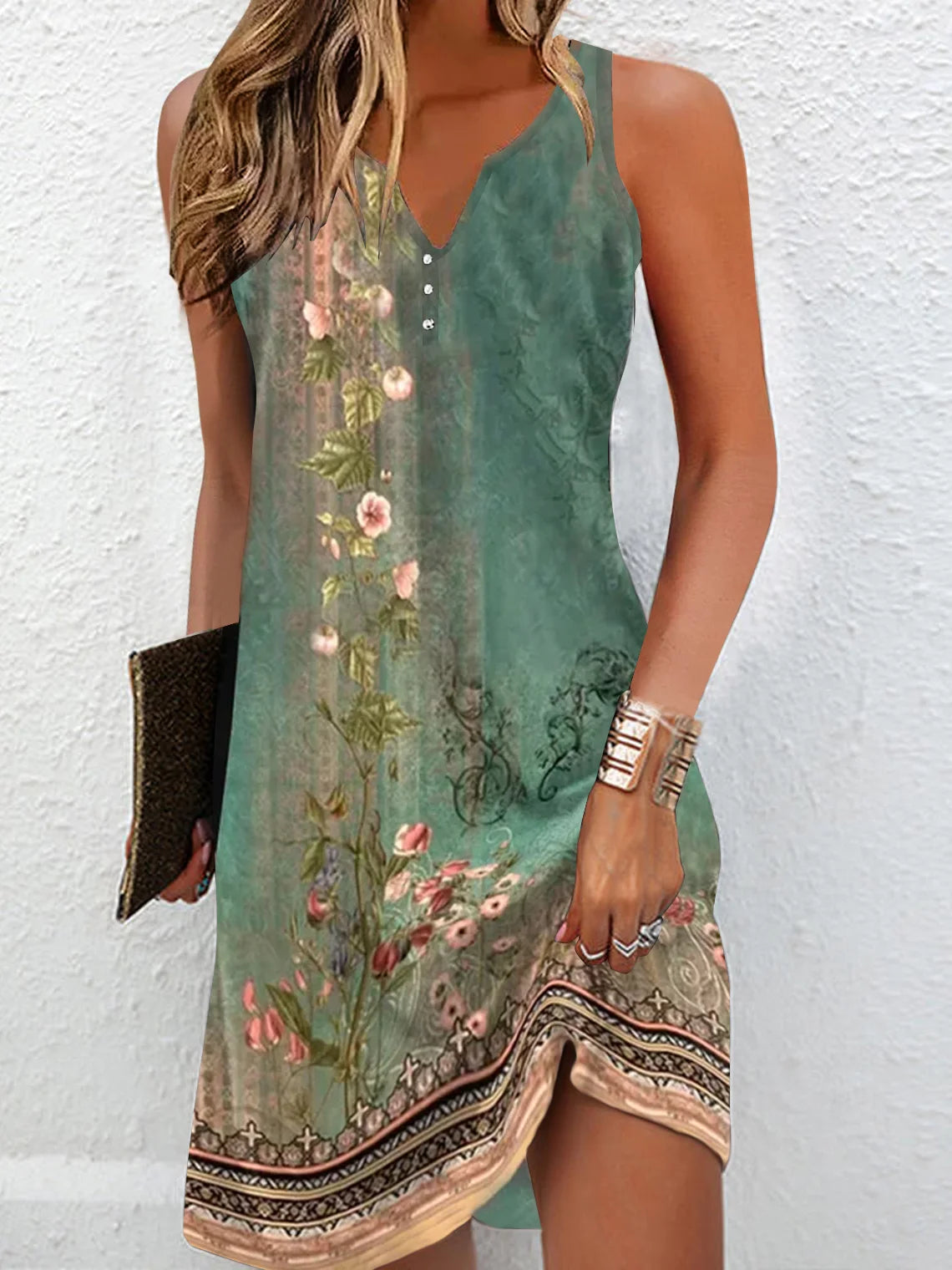 Casual Sleeveless Notched Floral Loose Short Dress