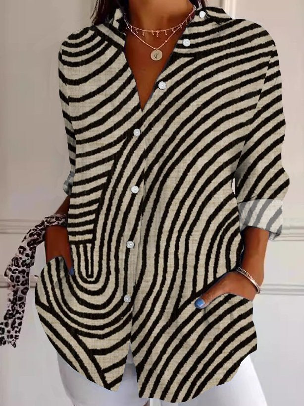 Casual Long Sleeve Shirt Collar Abstract Stripes Loose Mid-Long Shirt